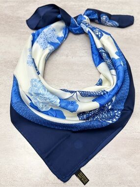 Lanvin Blue and White Floral & Butterfly Silk Scarf